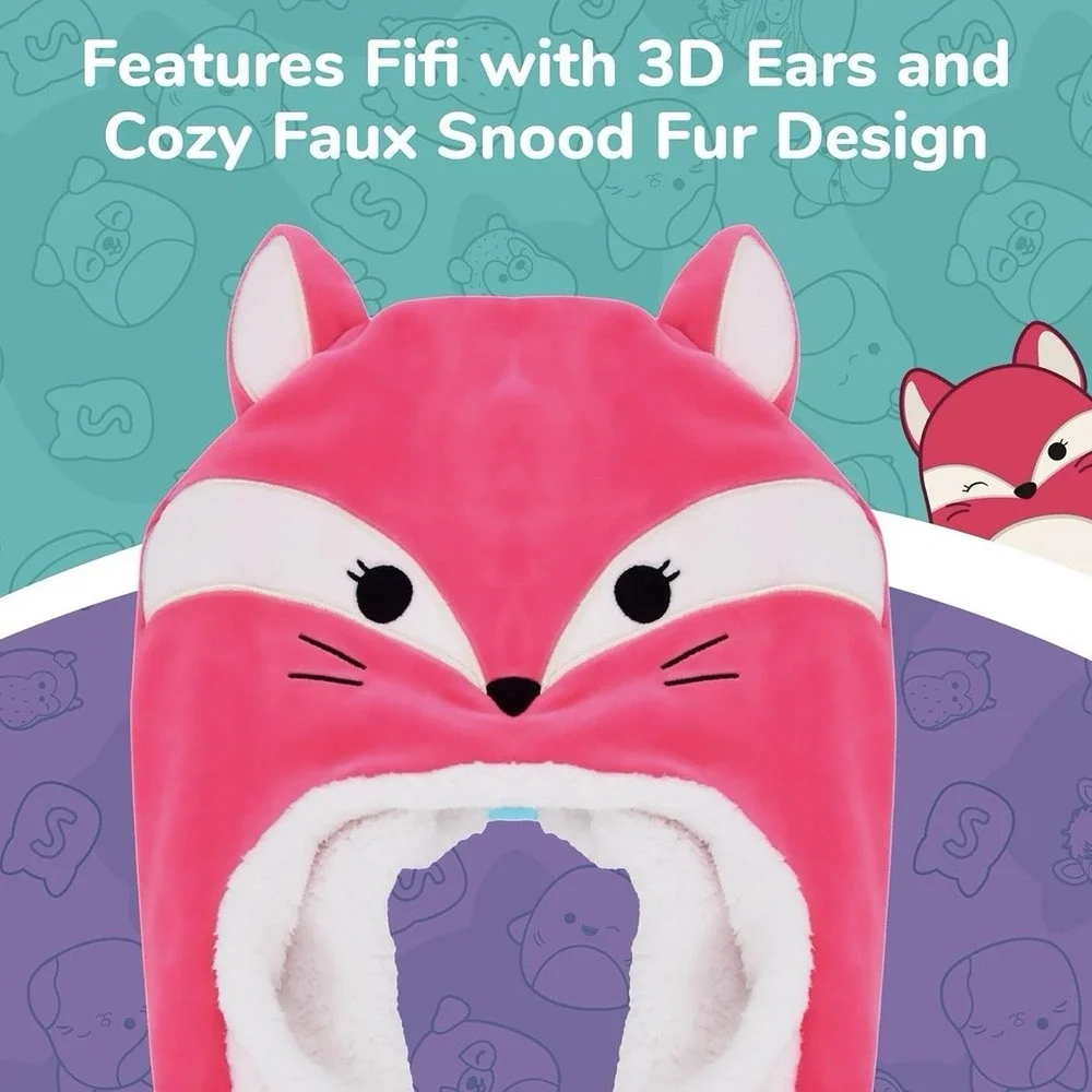Girls Squishmallows Pink FIFI Fox Embroidered Face‎ Winter Beanie Knit Cap Hat